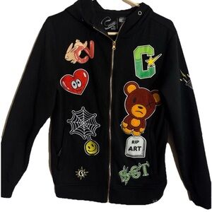 Civilized Graphic Black Zip Up Hoodie Patches & Decals Gold Zipper Sweatshirt